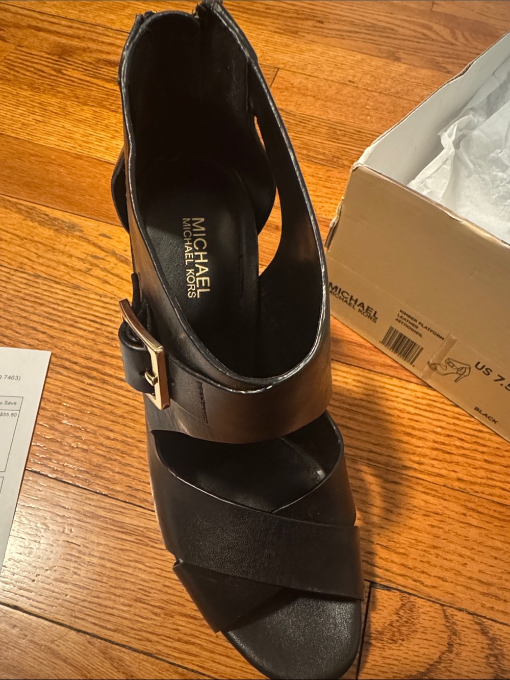 MICHAEL Michael Kors Black Strappy Wedge Sandals with Gold Buckle - Picture 3 of 6
